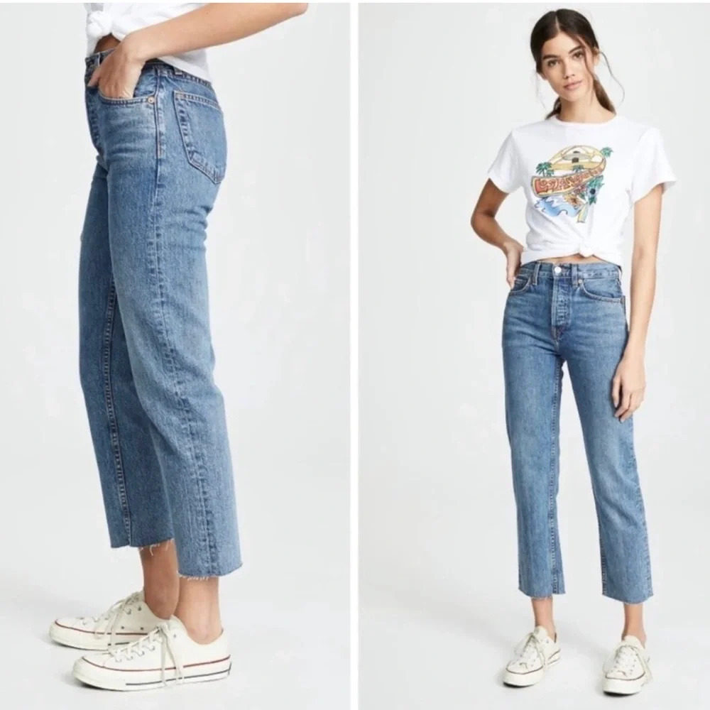 Re/Done Originals 2019 High Rise Stove Pipe Raw Hem Light Wash 190-3WSTV27